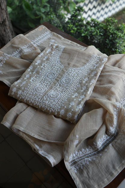 Beige Shade Silver Tissue Silk Chikankari Unstitched Fabric