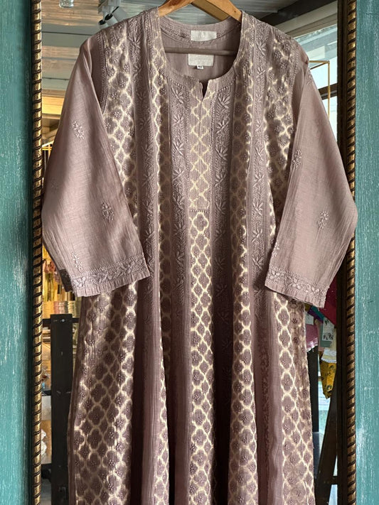 Beige Shade Zari Chanderi Chikankari Ready to Wear Tunics