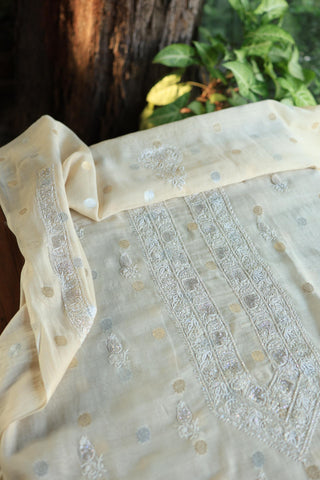 Beige Shade Zari Chanderi Unisex Chikankari Unstitched Men’s Kurta Fabric