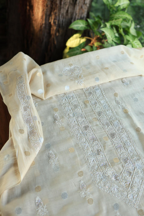 Beige Shade Zari Chanderi Unisex Chikankari Unstitched Men’s Kurta Fabric