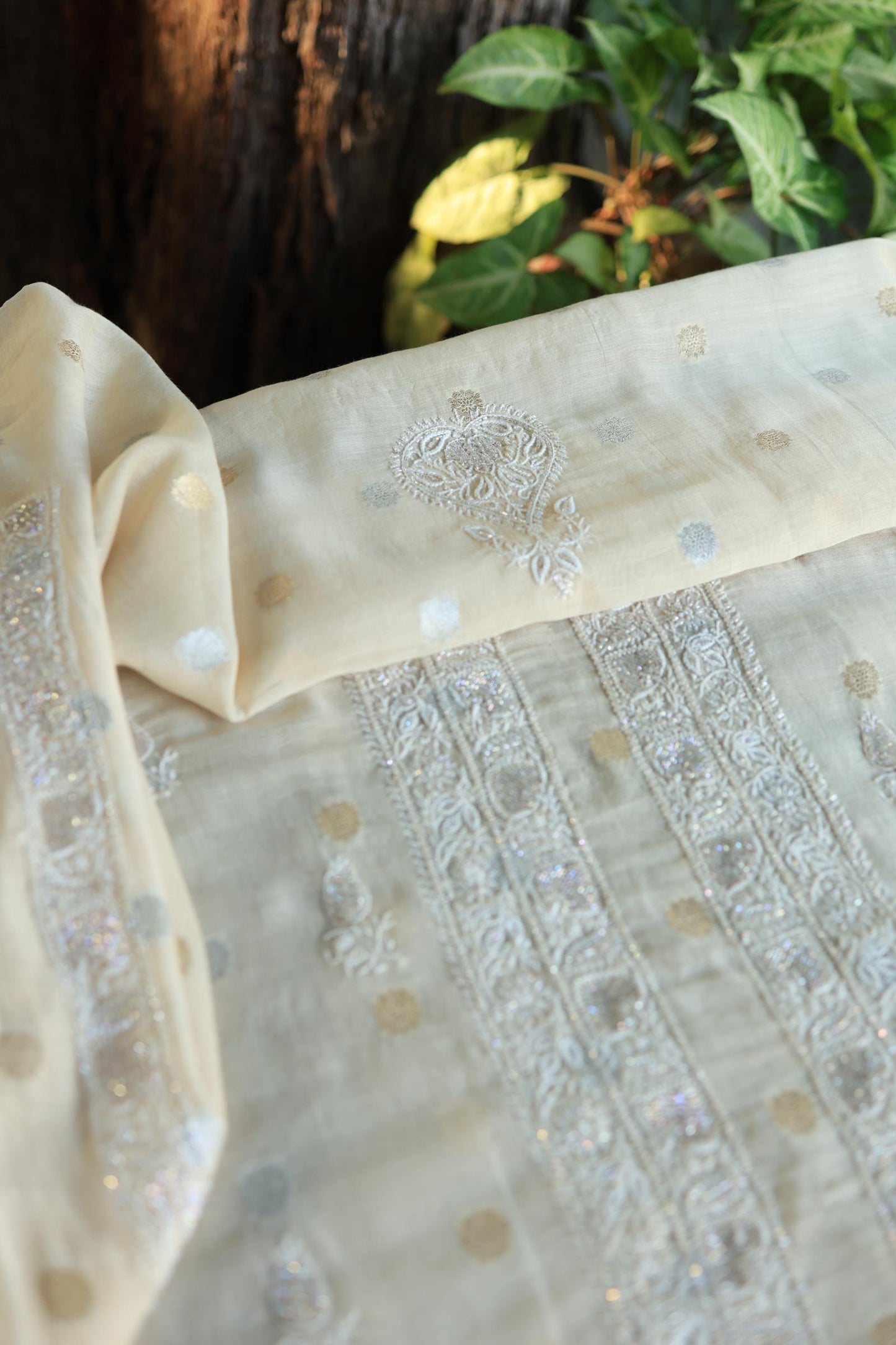Beige Shade Zari Chanderi Unisex Chikankari Unstitched Men’s Kurta Fabric