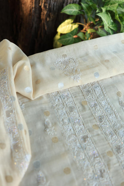 Beige Shade Zari Chanderi Unisex Chikankari Unstitched Men’s Kurta Fabric