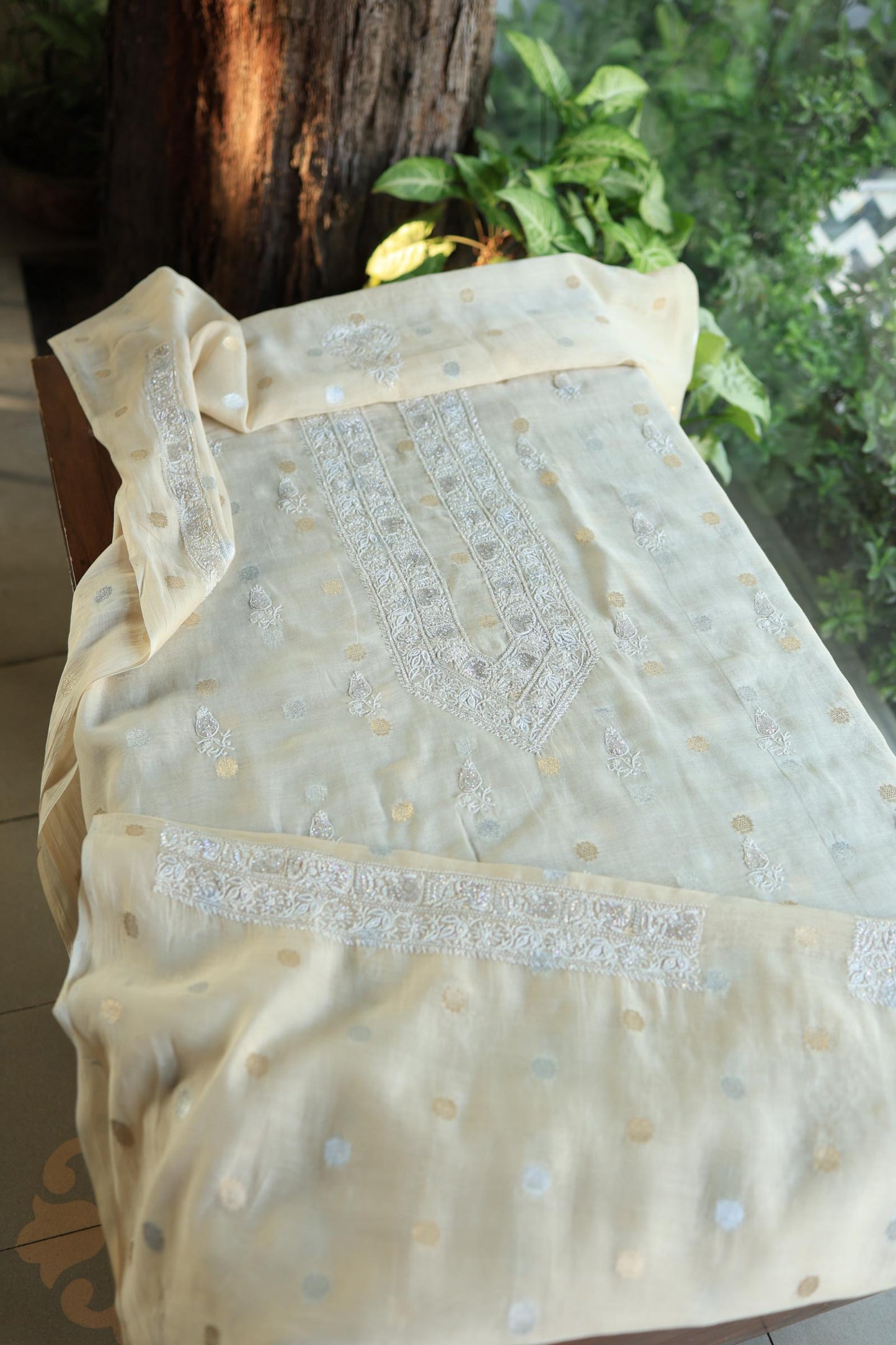 Beige Shade Zari Chanderi Unisex Chikankari Unstitched Men’s Kurta Fabric