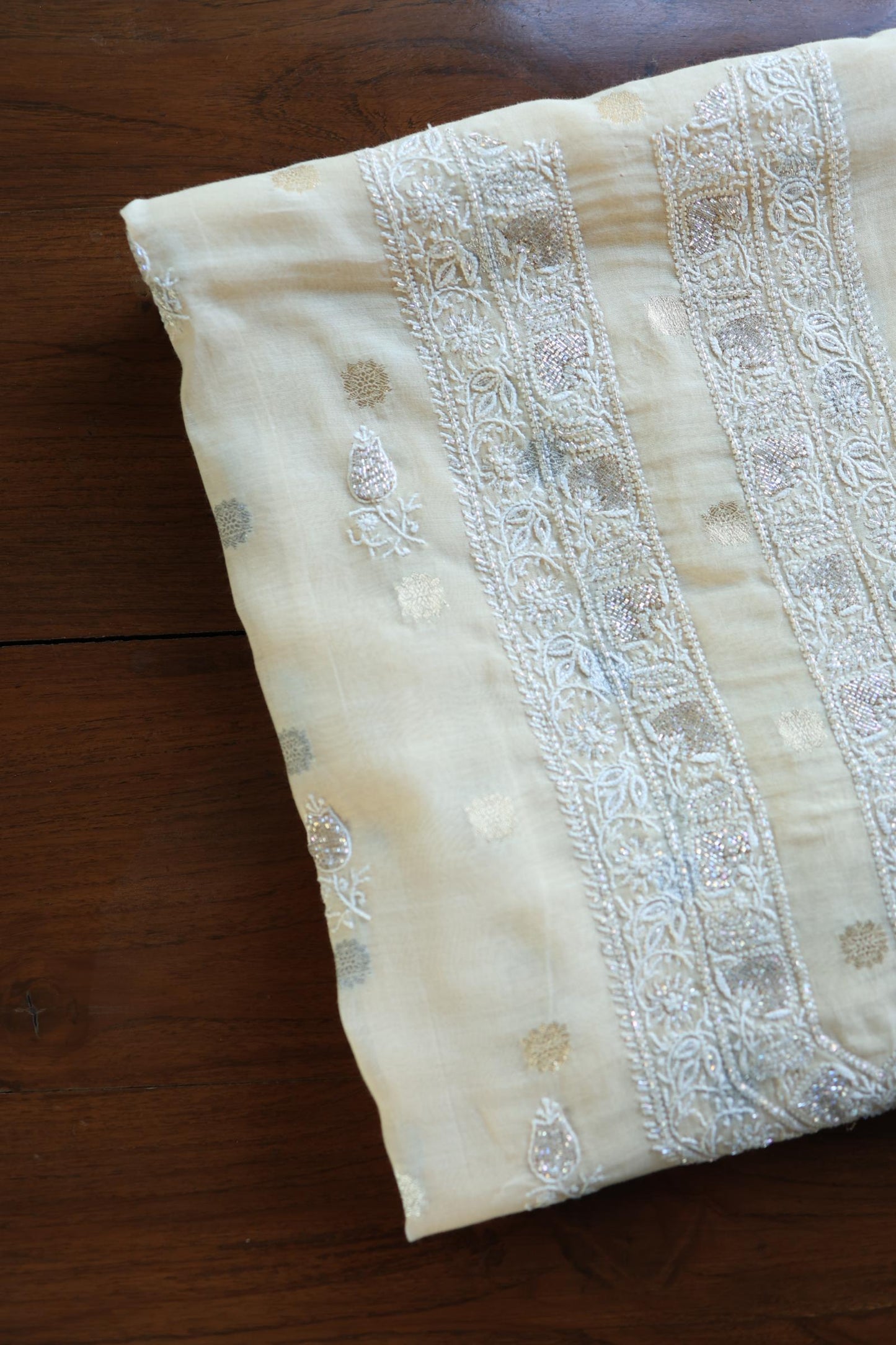 Beige Shade Zari Chanderi Unisex Chikankari Unstitched Men’s Kurta Fabric
