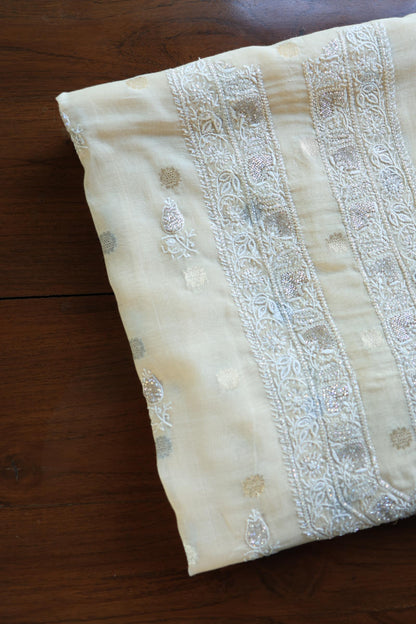 Beige Shade Zari Chanderi Unisex Chikankari Unstitched Men’s Kurta Fabric