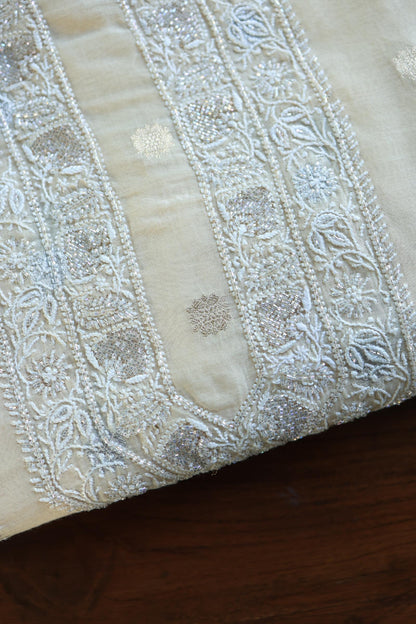 Beige Shade Zari Chanderi Unisex Chikankari Unstitched Men’s Kurta Fabric