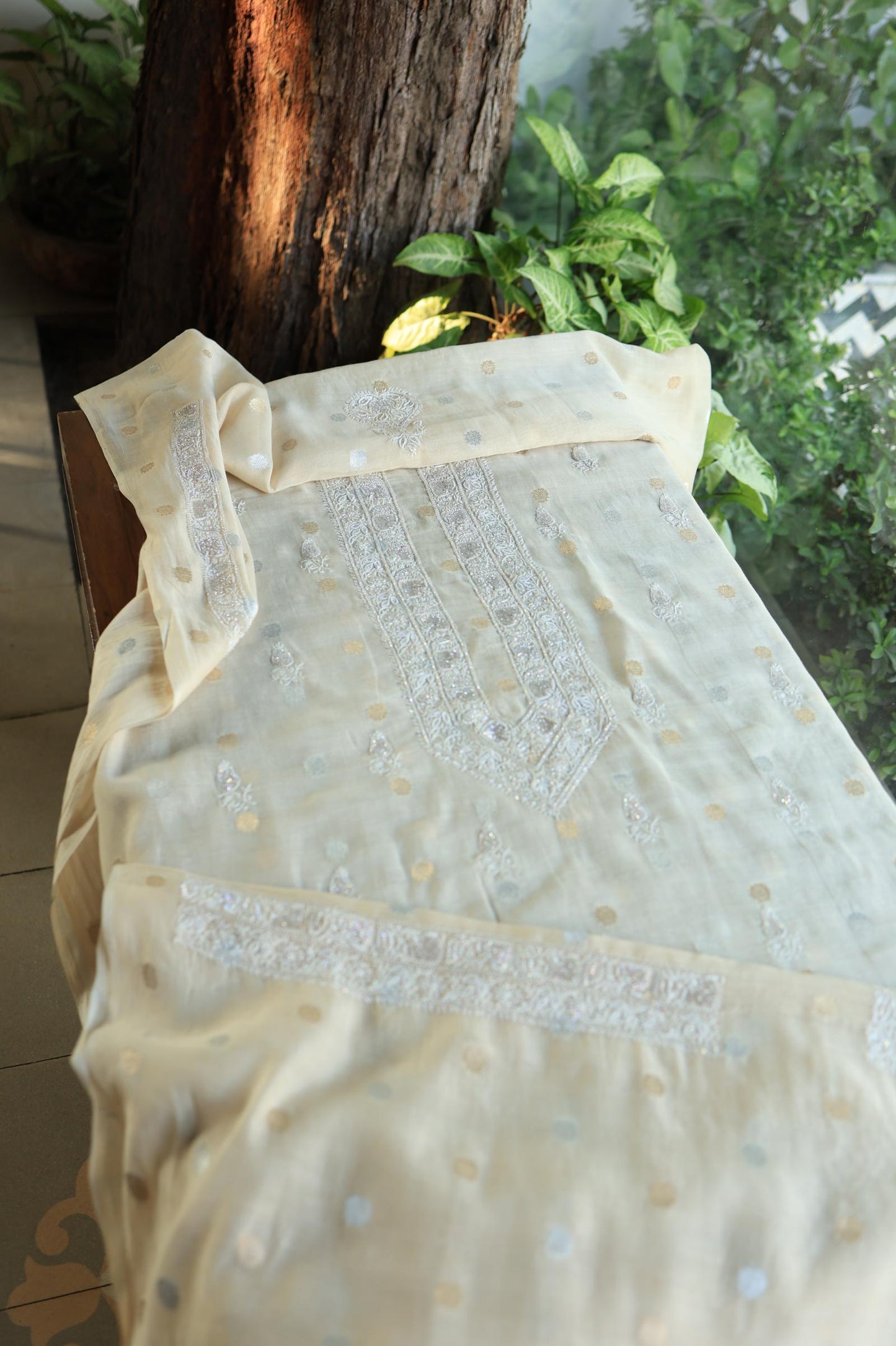 Beige Shade Zari Chanderi Unisex Chikankari Unstitched Men’s Kurta Fabric
