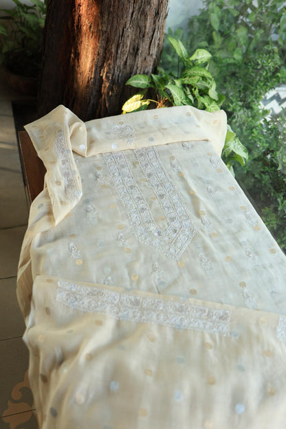 Beige Shade Zari Chanderi Unisex Chikankari Unstitched Men’s Kurta Fabric