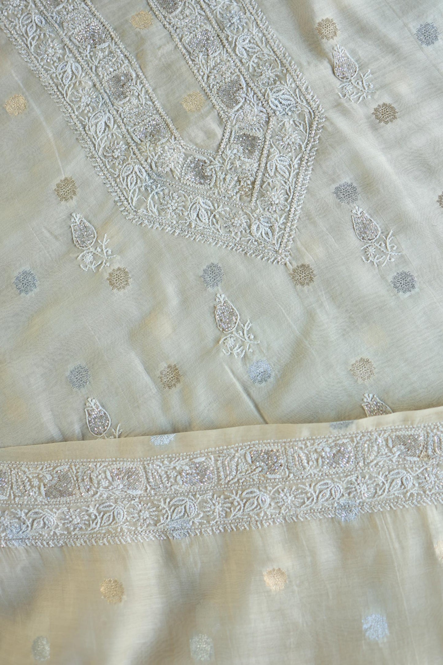 Beige Shade Zari Chanderi Unisex Chikankari Unstitched Men’s Kurta Fabric