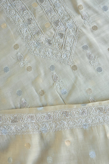 Beige Shade Zari Chanderi Unisex Chikankari Unstitched Men’s Kurta Fabric