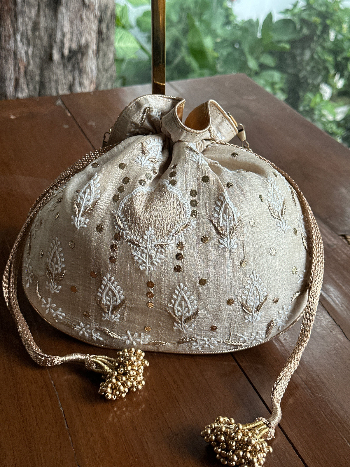 Beige Silk Chikankari Ari & Kasab Work Potli Bag