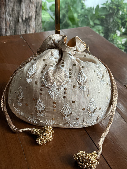 Beige Silk Chikankari Ari & Kasab Work Potli Bag