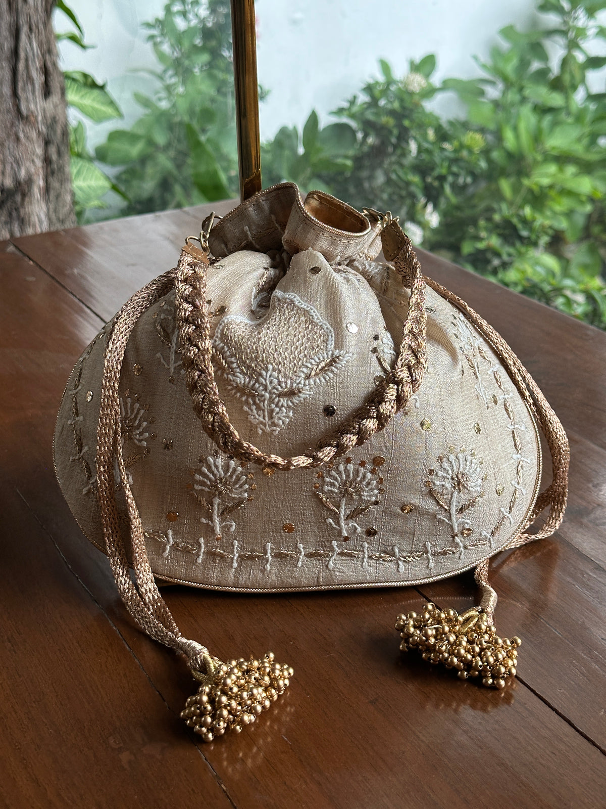 Beige Silk Chikankari Ari & Kasab Work Potli Bag