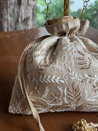 Beige Silk Chikankari Ari & Kasab Work Potli Bag