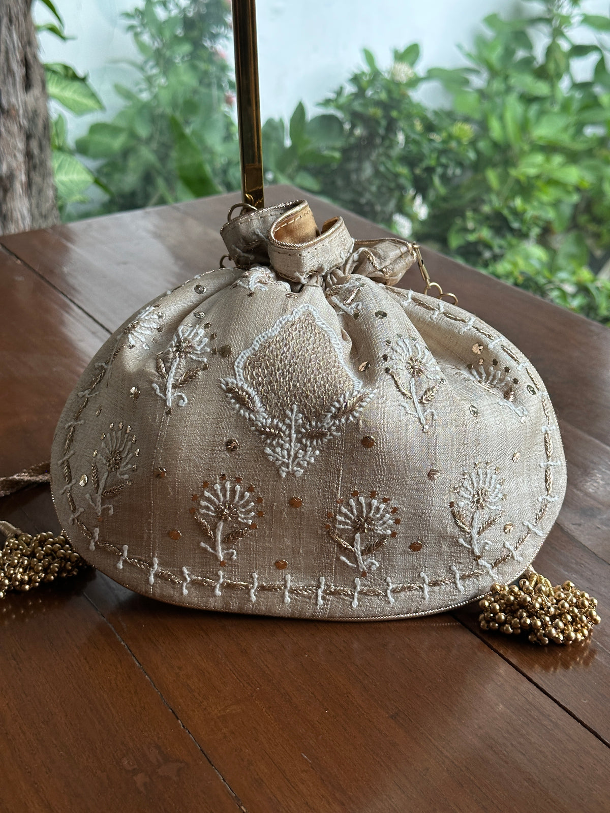 Beige Silk Chikankari Ari & Kasab Work Potli Bag