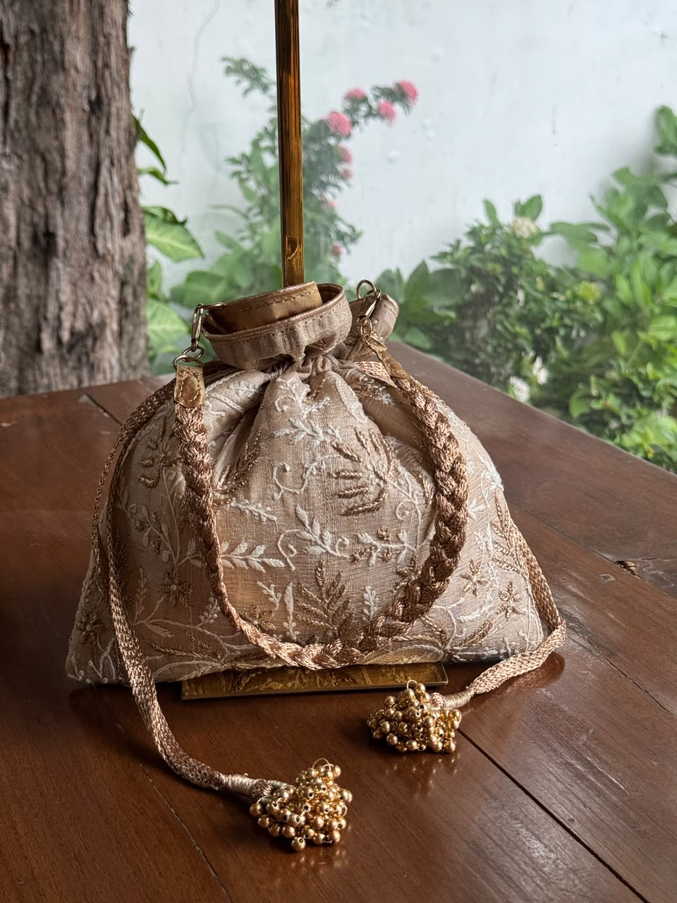 Beige Silk Chikankari Ari & Kasab Work Potli Bag