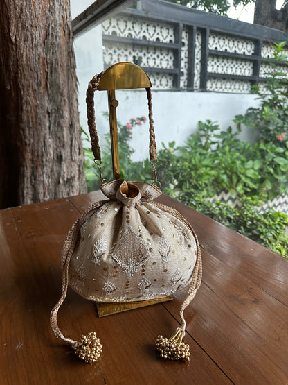 Beige Silk Chikankari Ari & Kasab Work Potli Bag