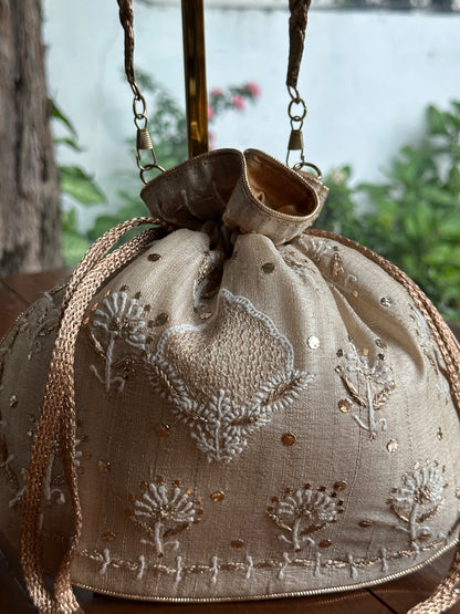 Beige Silk Chikankari Ari & Kasab Work Potli Bag