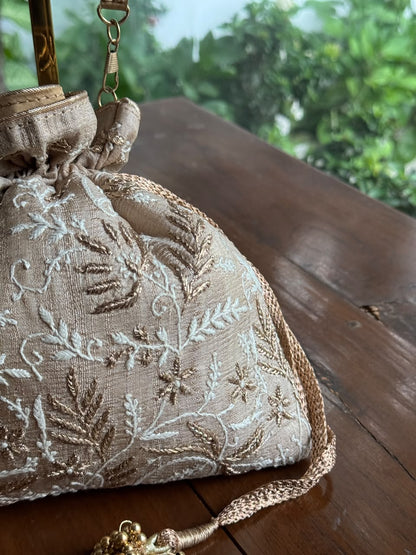 Beige Silk Chikankari Ari & Kasab Work Potli Bag
