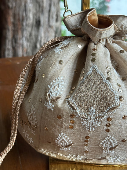 Beige Silk Chikankari Ari & Kasab Work Potli Bag