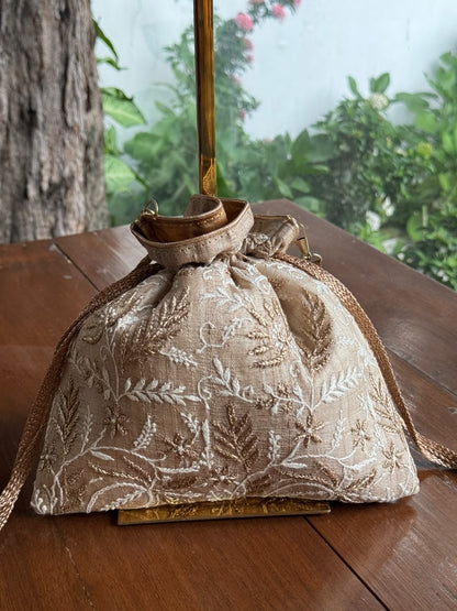 Beige Silk Chikankari Ari & Kasab Work Potli Bag