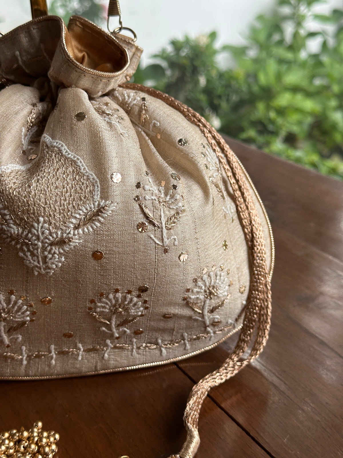 Beige Silk Chikankari Ari & Kasab Work Potli Bag