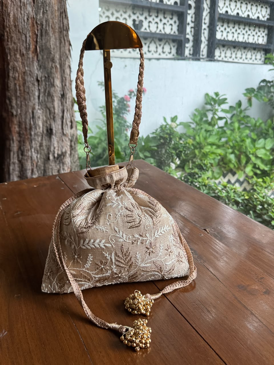 Beige Silk Chikankari Ari & Kasab Work Potli Bag