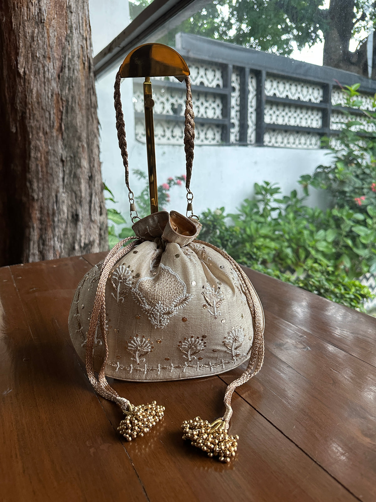 Beige Silk Chikankari Ari & Kasab Work Potli Bag