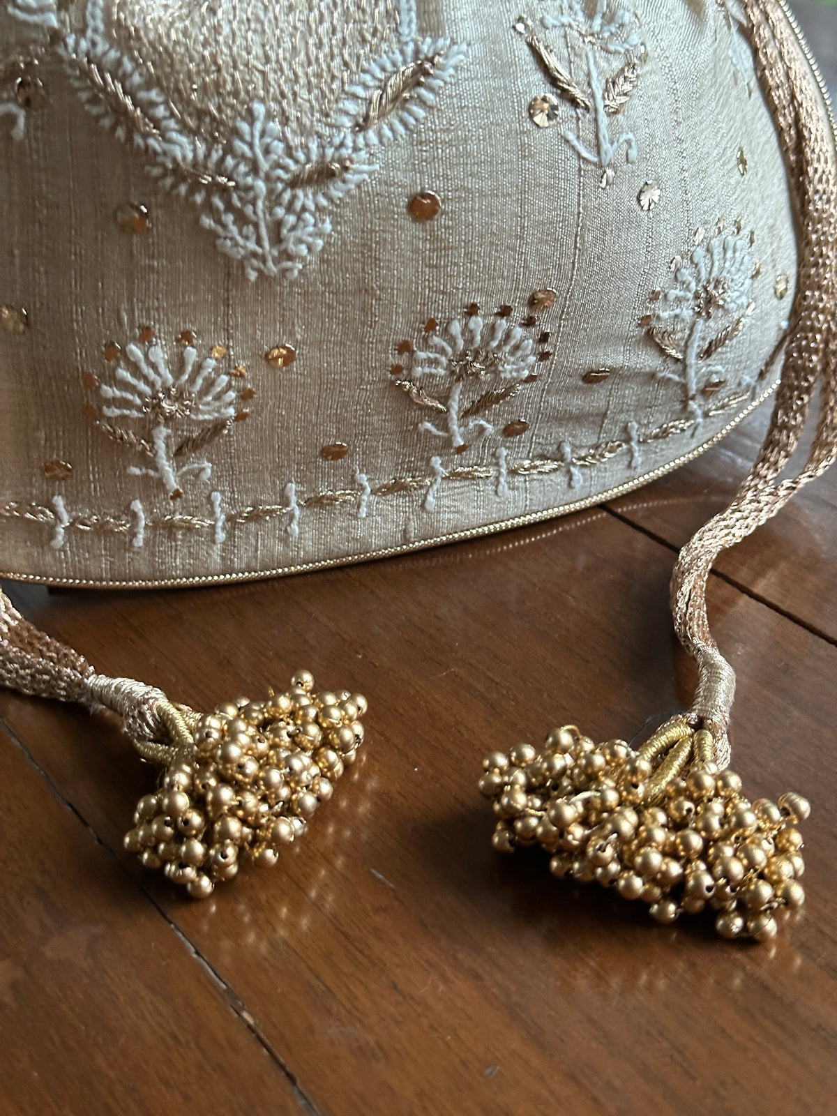 Beige Silk Chikankari Ari & Kasab Work Potli Bag