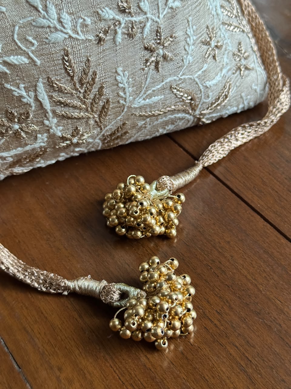Beige Silk Chikankari Ari & Kasab Work Potli Bag