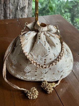 Beige Tussar Silk Chikankari Ari & Kasab Work Potli Bag