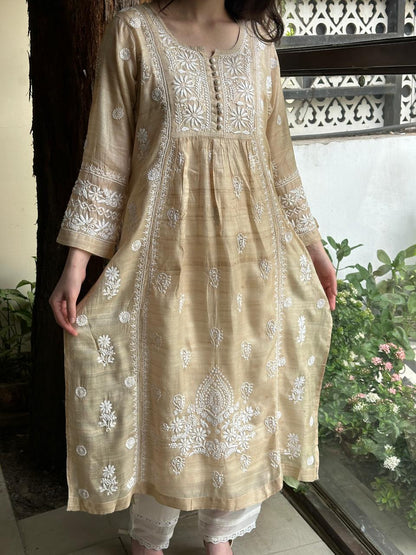 Beige Tussar Silk Gathered Style Chikankari Kurta