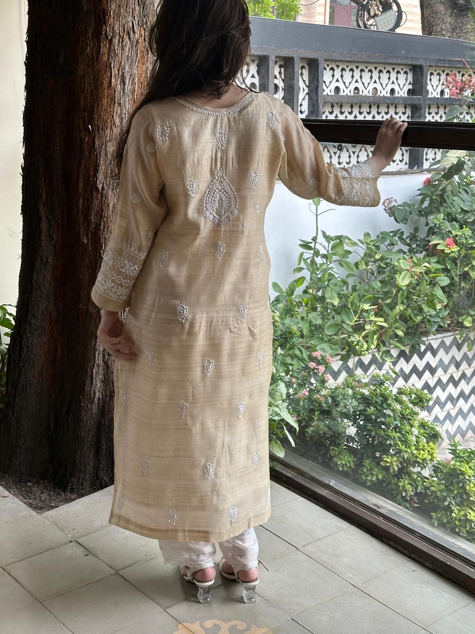 Beige Tussar Silk Gathered Style Chikankari Kurta
