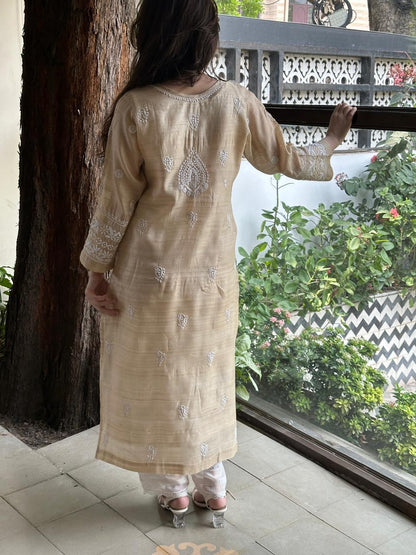 Beige Tussar Silk Gathered Style Chikankari Kurta