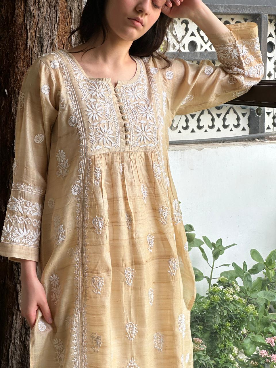 Beige Tussar Silk Gathered Style Chikankari Kurta