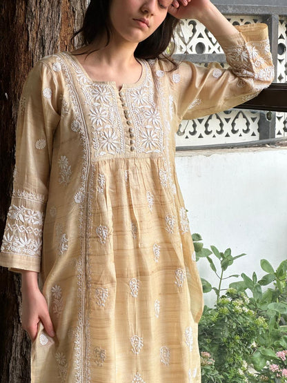 Beige Tussar Silk Gathered Style Chikankari Kurta