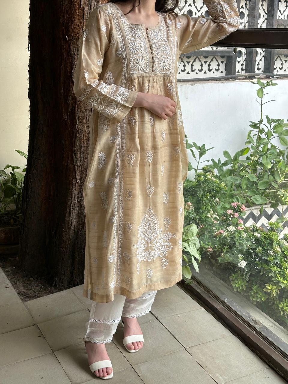 Beige Tussar Silk Gathered Style Chikankari Kurta