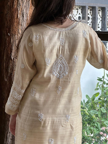 Beige Tussar Silk Gathered Style Chikankari Kurta