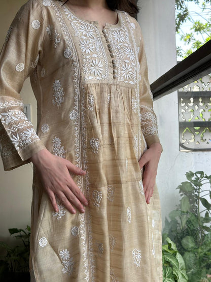 Beige Tussar Silk Gathered Style Chikankari Kurta
