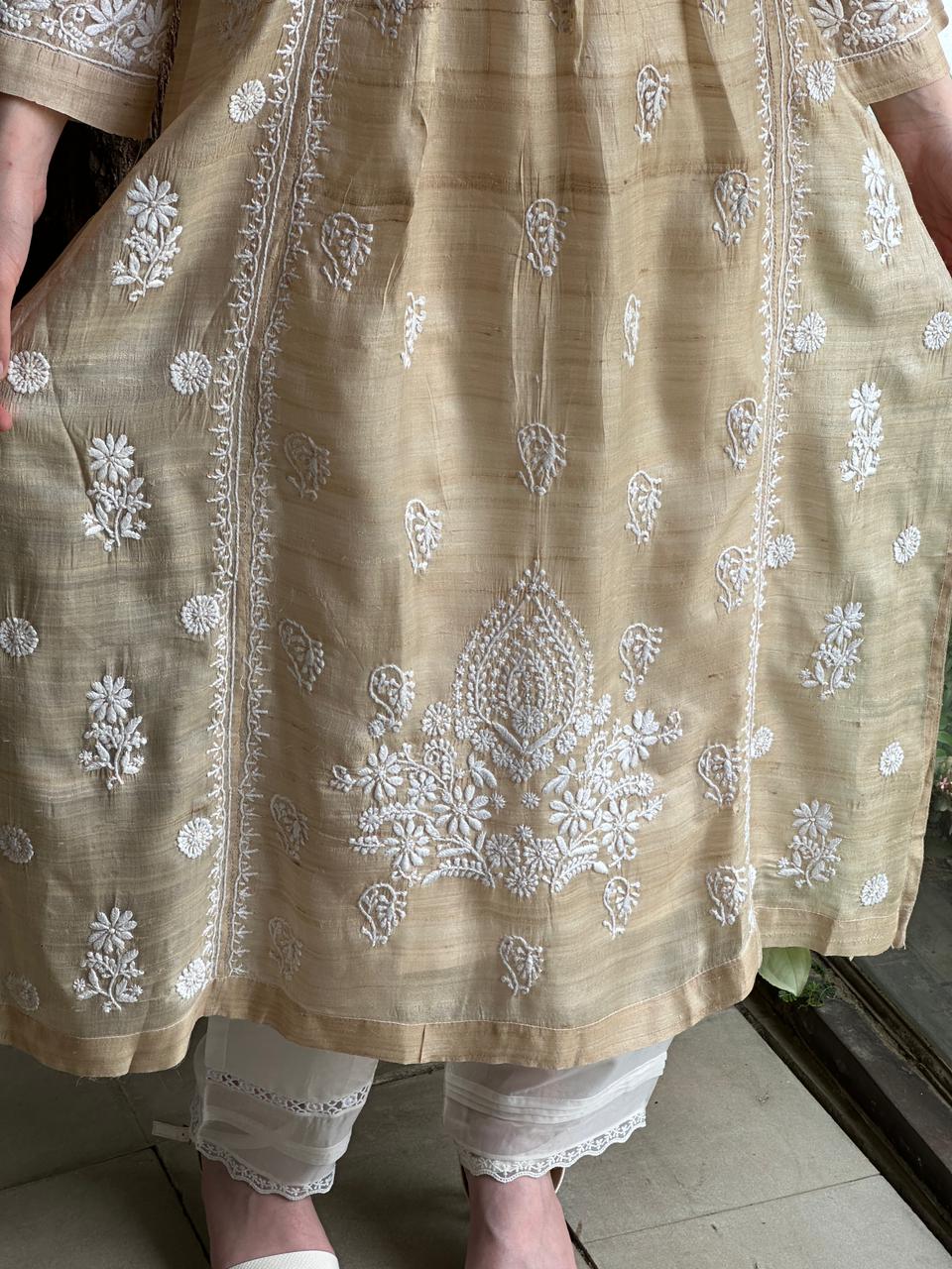 Beige Tussar Silk Gathered Style Chikankari Kurta