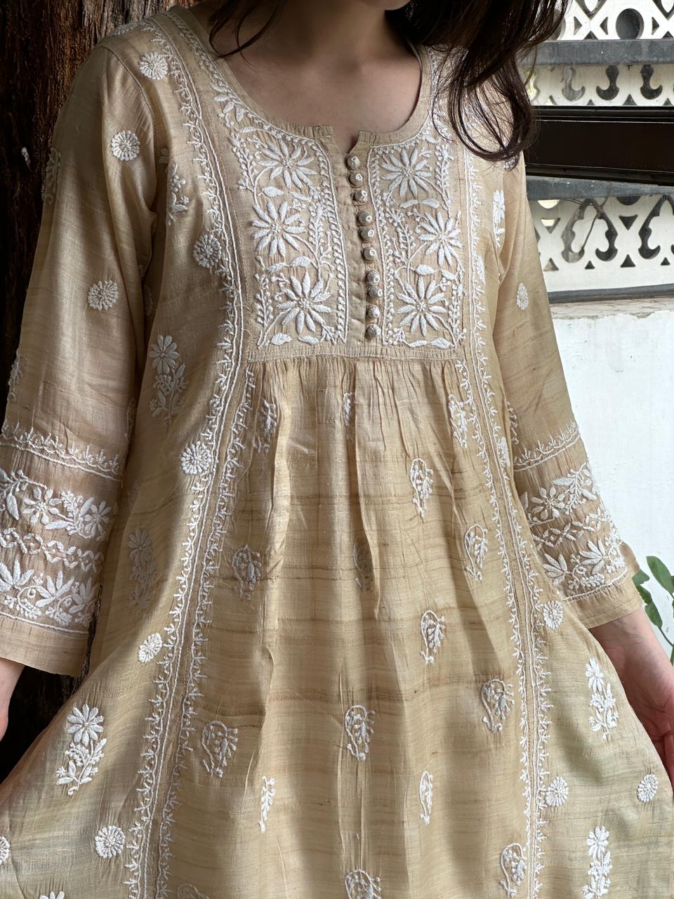 Beige Tussar Silk Gathered Style Chikankari Kurta