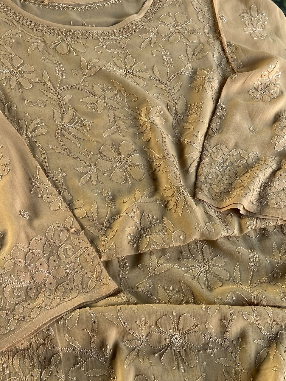 Beige Viscose Georgette Chikankari Ready to Wear Kurta