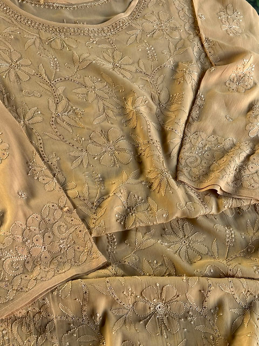Beige Viscose Georgette Chikankari Ready to Wear Kurta