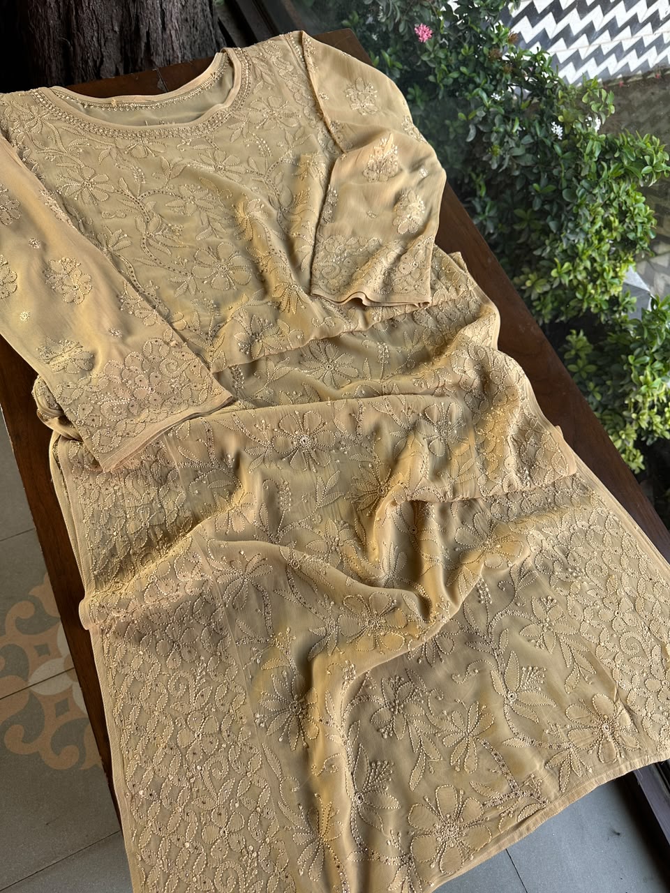 Beige Viscose Georgette Chikankari Ready to Wear Kurta