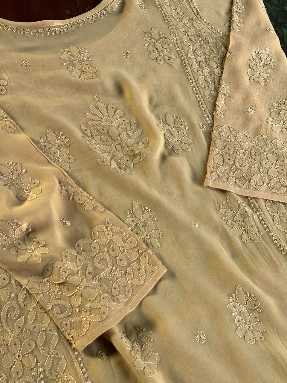 Beige Viscose Georgette Chikankari Ready to Wear Kurta