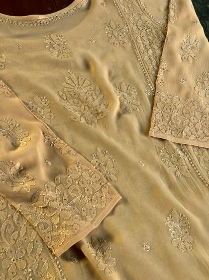 Beige Viscose Georgette Chikankari Ready to Wear Kurta