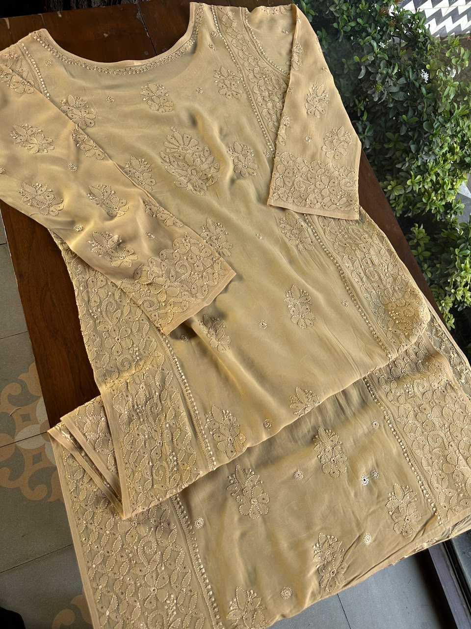 Beige Viscose Georgette Chikankari Ready to Wear Kurta