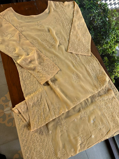 Beige Viscose Georgette Chikankari Ready to Wear Kurta