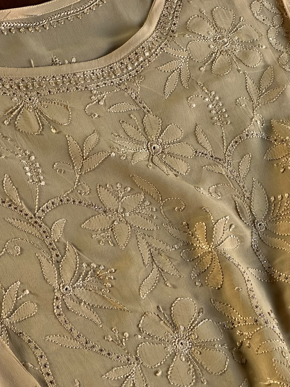 Beige Viscose Georgette Chikankari Ready to Wear Kurta