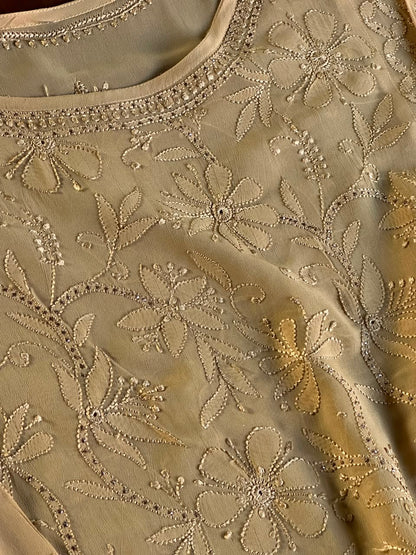 Beige Viscose Georgette Chikankari Ready to Wear Kurta